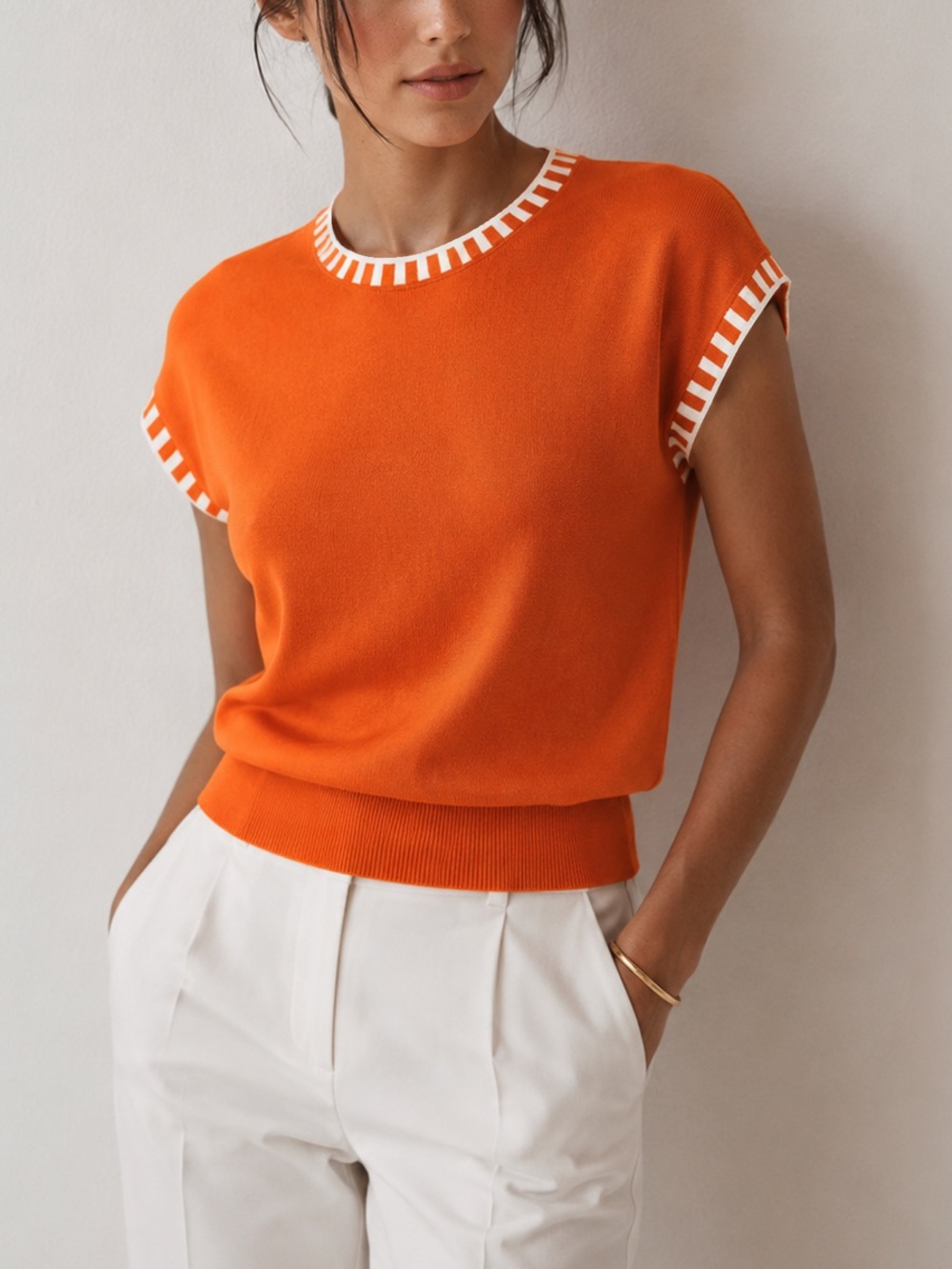 Commense Contrast Trim Cap Sleeve Knit Top